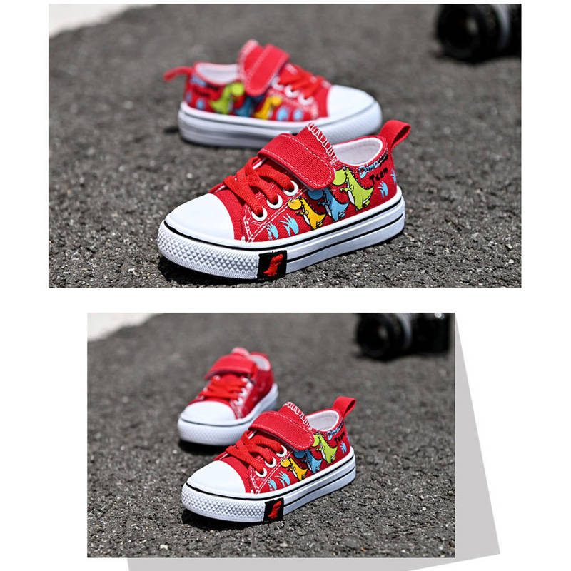 Toddler-Unisex Canvas Sneakers Cartoon Dinasour Slip on Shoes-Red