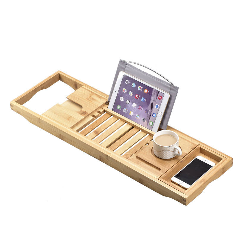 Bamboo Bathtub Tray Caddy Expandable Placed Book Smartphone and Wine Holder