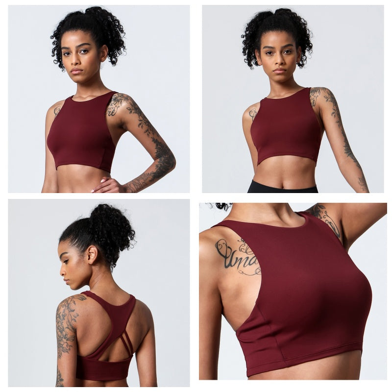 Criss-Cross Back Sports Bra Medium-High Support Workout Tops-Red
