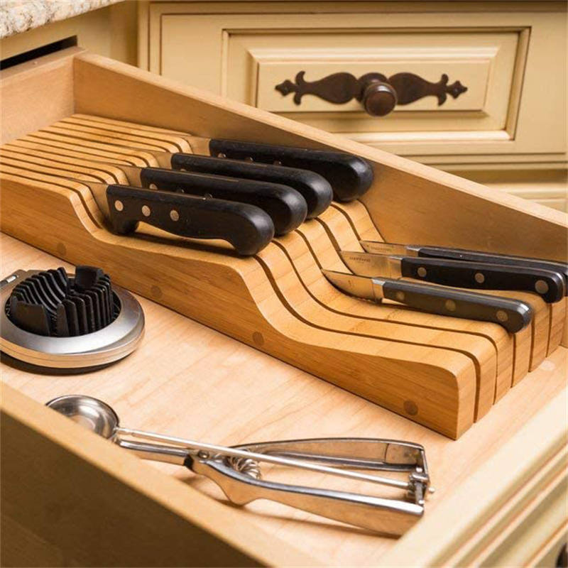 Bamboo Knife Block Organizer Wood Drawer Holder Insert Storage for Kitchen