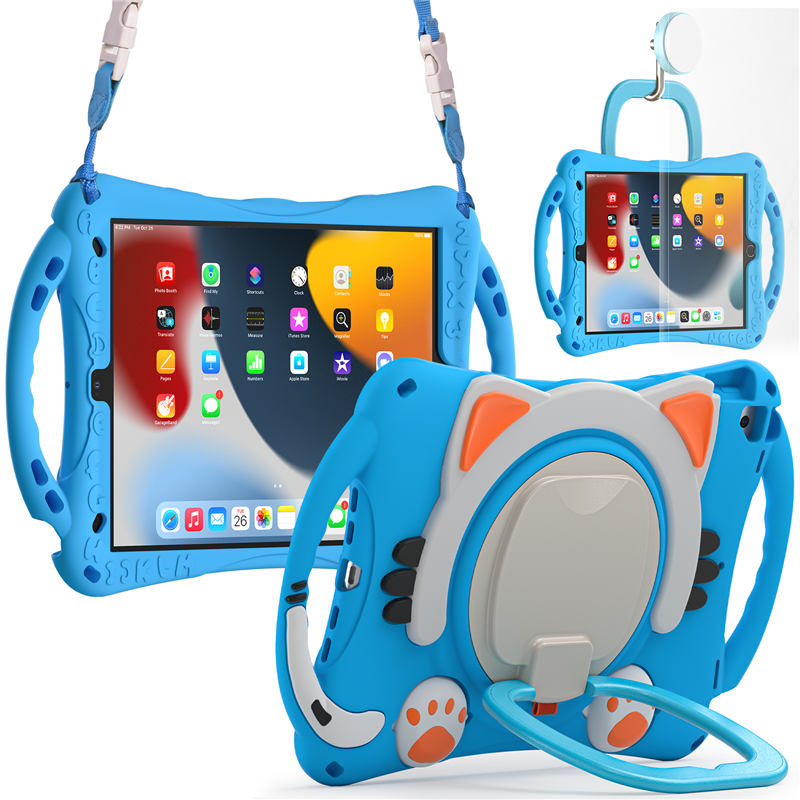 CatB Silicone Case For iPad 10.2 Air10.5 Pro10.5 Shockproof Shoulder Strap Handle Stand-Light Blue