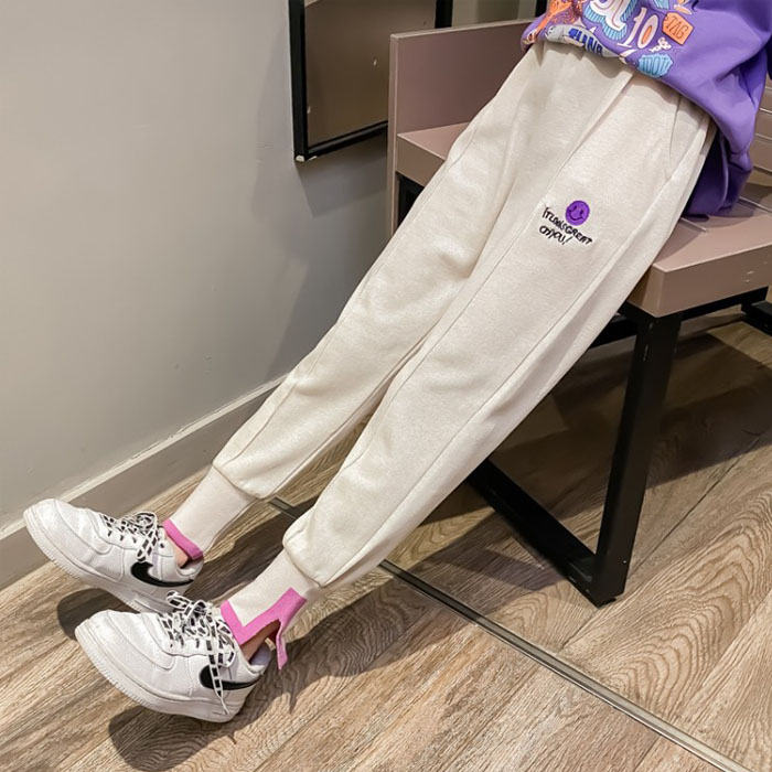 Girls Joggers Long Pants Pockets Outdoor Casual Trousers Smiley-Beige