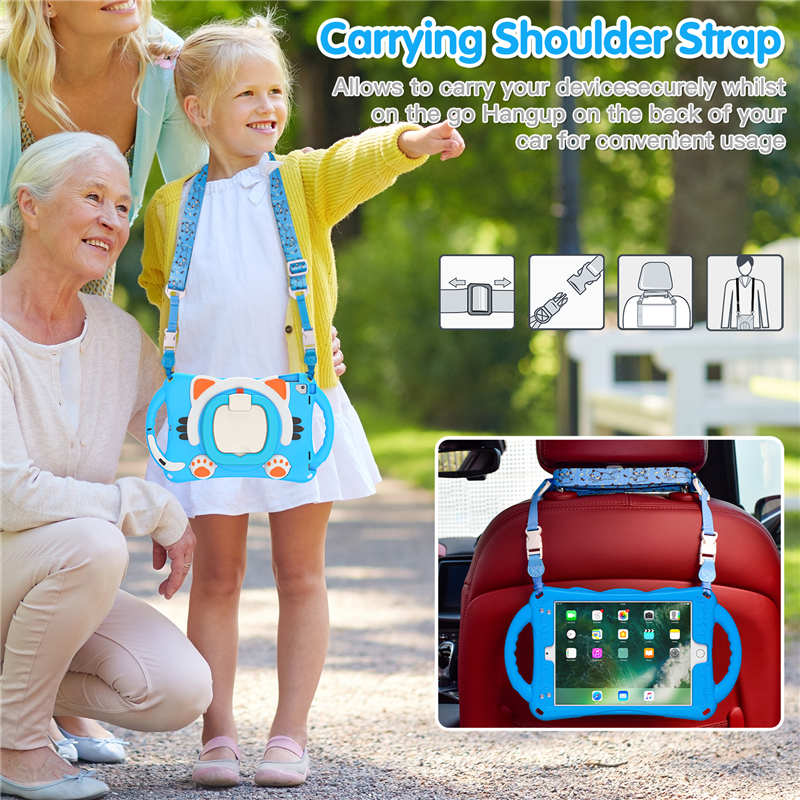 CatB Silicone Case For iPad Pro 9.7 inch Air1/2 Shockproof Shoulder Strap Handle Stand-Light Blue