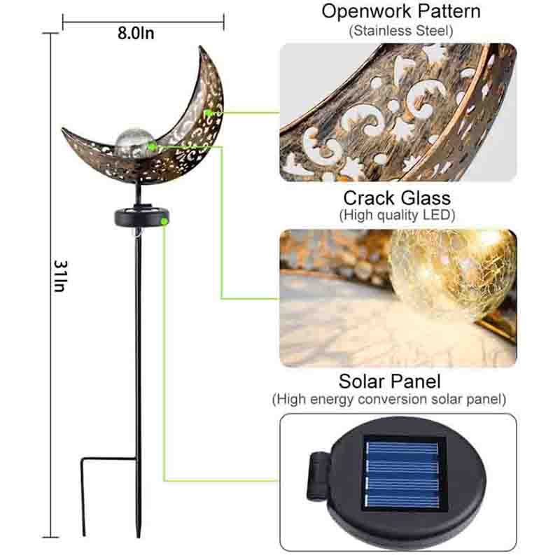 2 Pack Garden Metal Moon Weatherproof Solar LED Decorative Lamp with Warm White Spherical Lamp Post Suitable for Lawn Courtyard Courtyard