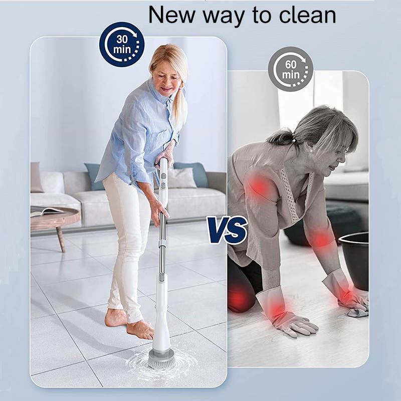 Electric Spin Scrubber Adjustable Long Extension Handle with 4 Replaceable Brush Heads-Grey