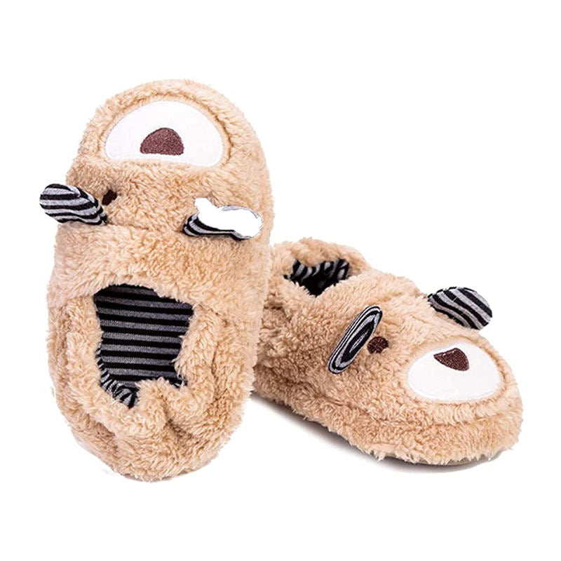 Toddler Boys Girls Slippers Cute Cartoon Bear Plush Warm Home Shoes-Beige