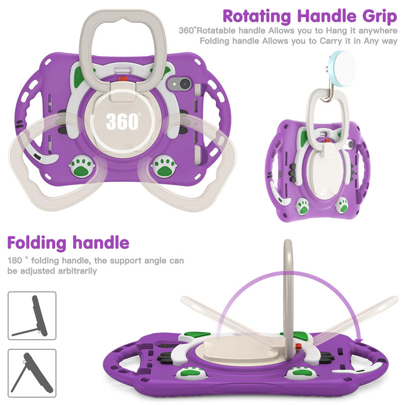 CatB Silicone Case For iPad Mini 6 Shockproof Shoulder Strap Handle Stand-Purple