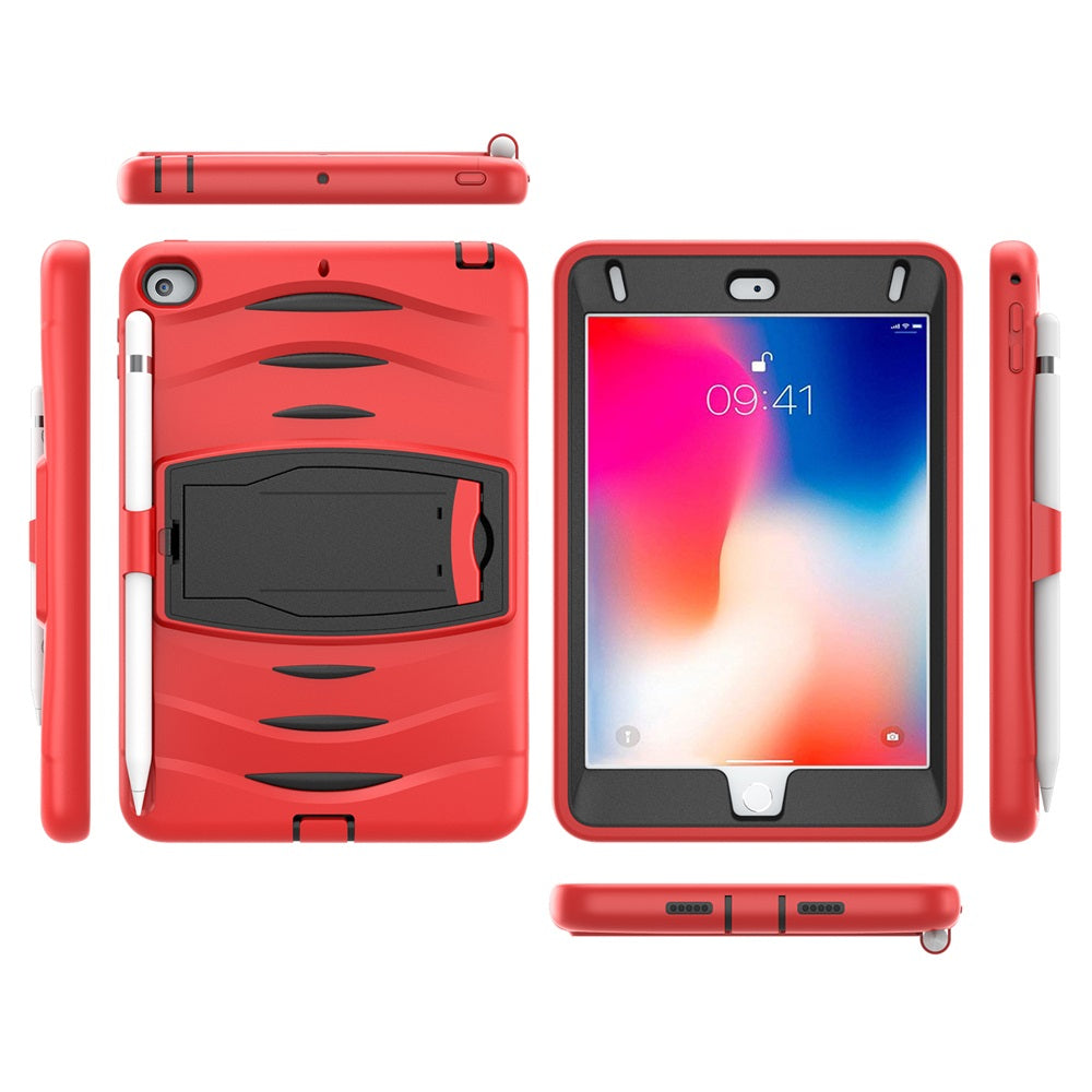 Shock Wave Design Kickstand Case Heavy Duty Rugged Anti-Fall Protection With Pencil Holder For 7.9inch iPad Mini 4/5-Red