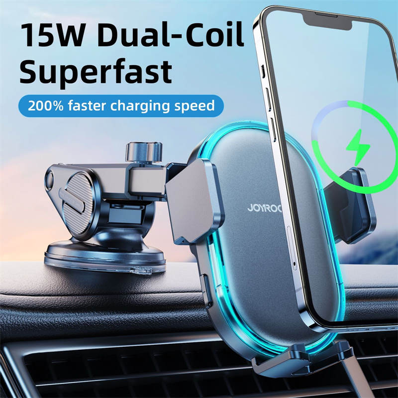 Wireless Car Charger Mount 15W Dual Coil Auto Clamping for iPhone Samsung