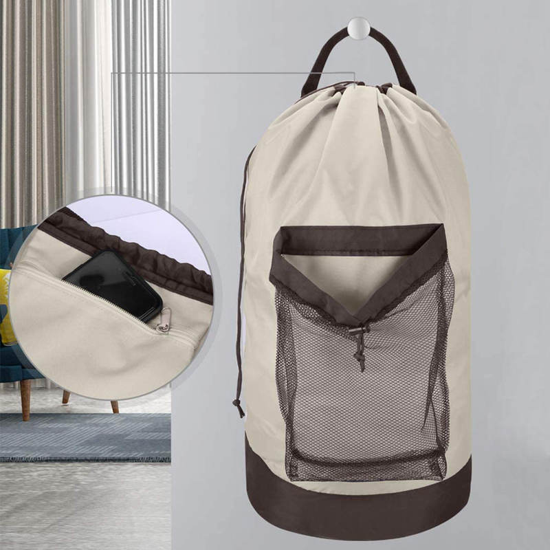 Backpack Laundry Bag With Shoulder Straps And Mesh Pocket Durable Nylon Clothes Bag for College Travel Laundromat -Khaki
