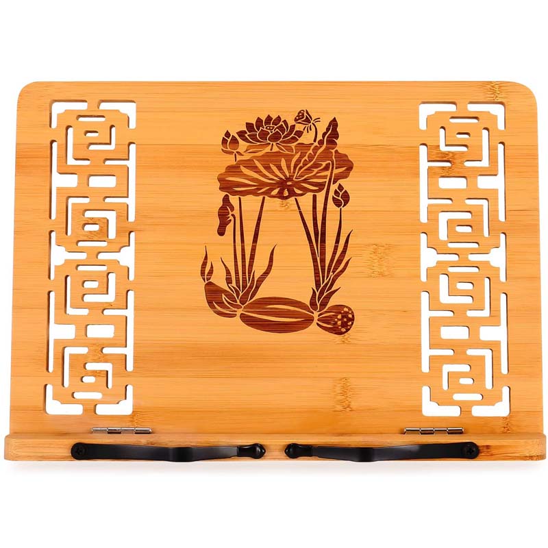 Foldable Book Stand Reading Frame Rest holder Cookbook /Tablet PC textbook/Music Document Stand Desk Bookrest with Retro Hollow -Lotus Plant & Lotus Root