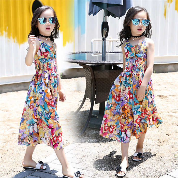 Bohemian Style Kid Girl Summer Chiffon Beach Skirt Pants Jumpsuit Floral Dress