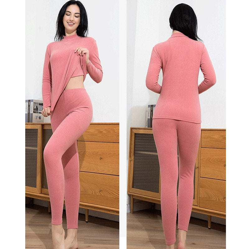 Womens Soft Thermal Underwear Set Plush Lined Half Turtleneck-Pink