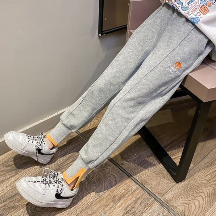 Girls Joggers Long Pants Pockets Outdoor Casual Trousers Smiley-Gray
