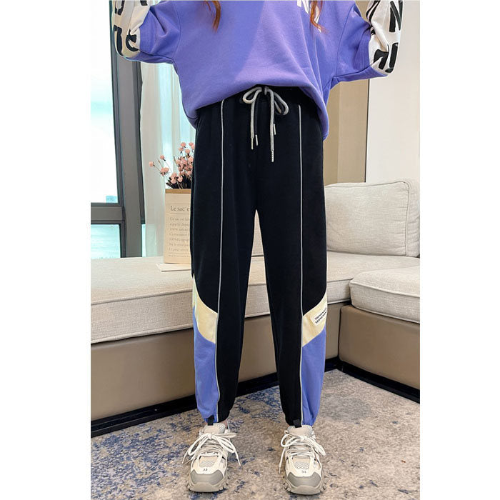 Girls Joggers Long Pants Pockets Outdoor Casual Trousers with Drawstring Three-color Stitching-Black