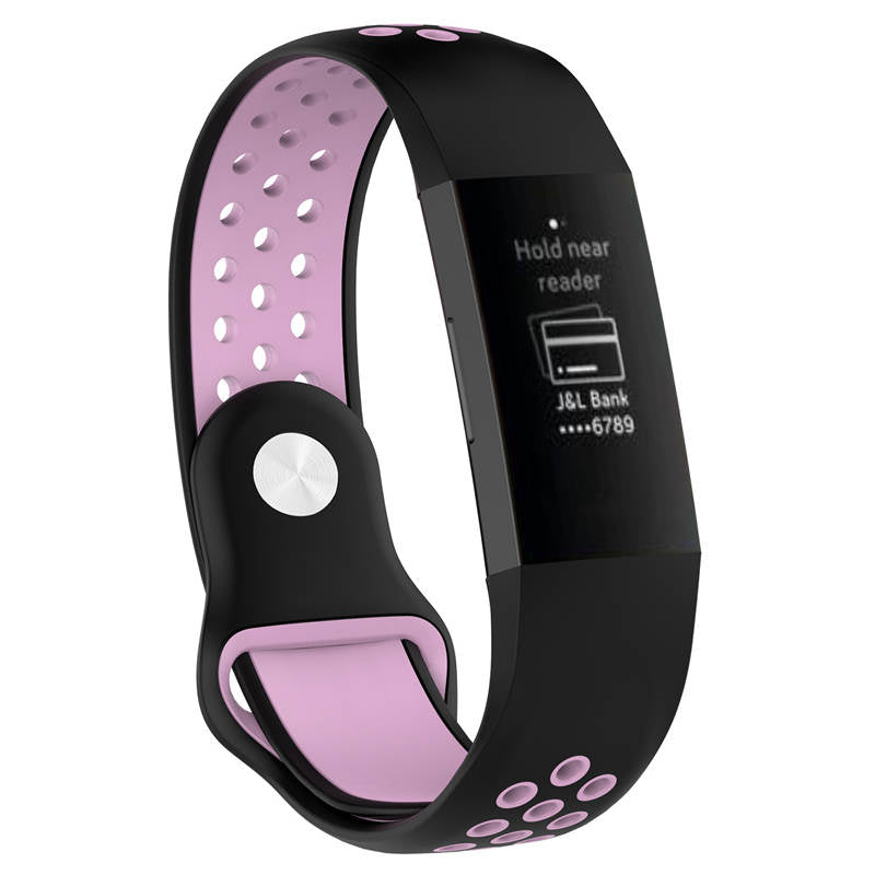 Double Color Porous Breathable Watch Band Silicone Wristband For Fitbit Charge 3 Sport Smartwatch -Black Pink