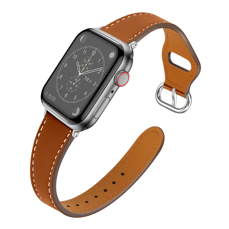 Apple Watch Strap Solid Color Leather for iWatch Series 7/SE/6/5/4/3/2/1-Brown