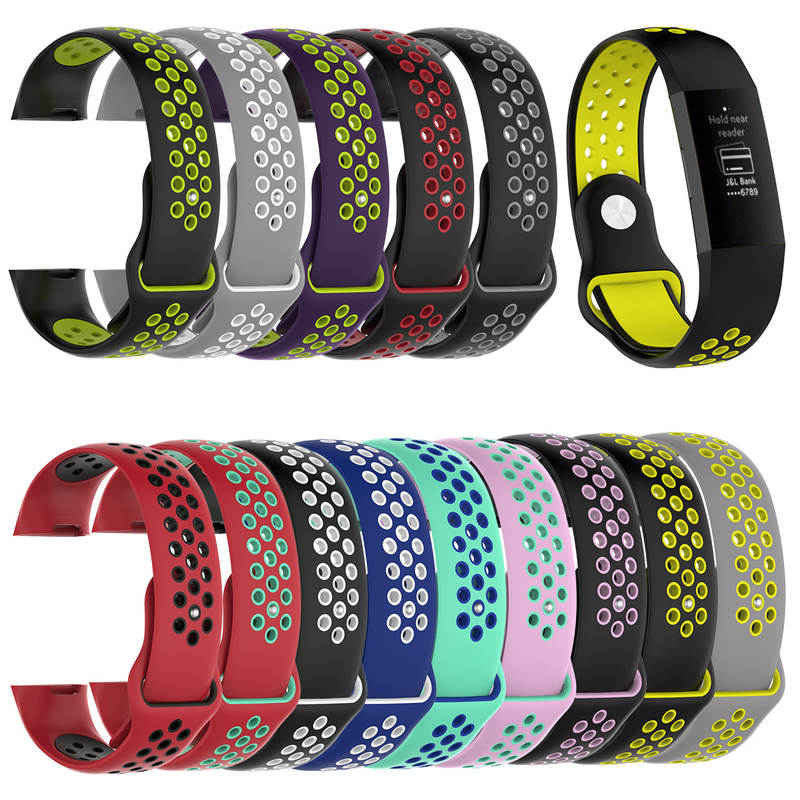 Double Color Porous Breathable Watch Band Silicone Wristband For Fitbit Charge 3 Sport Smartwatch -Gray Yellow