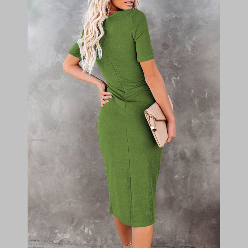 Womens Elastic Cocktail Party Elegant Dress Body Dress With Belt-Green
