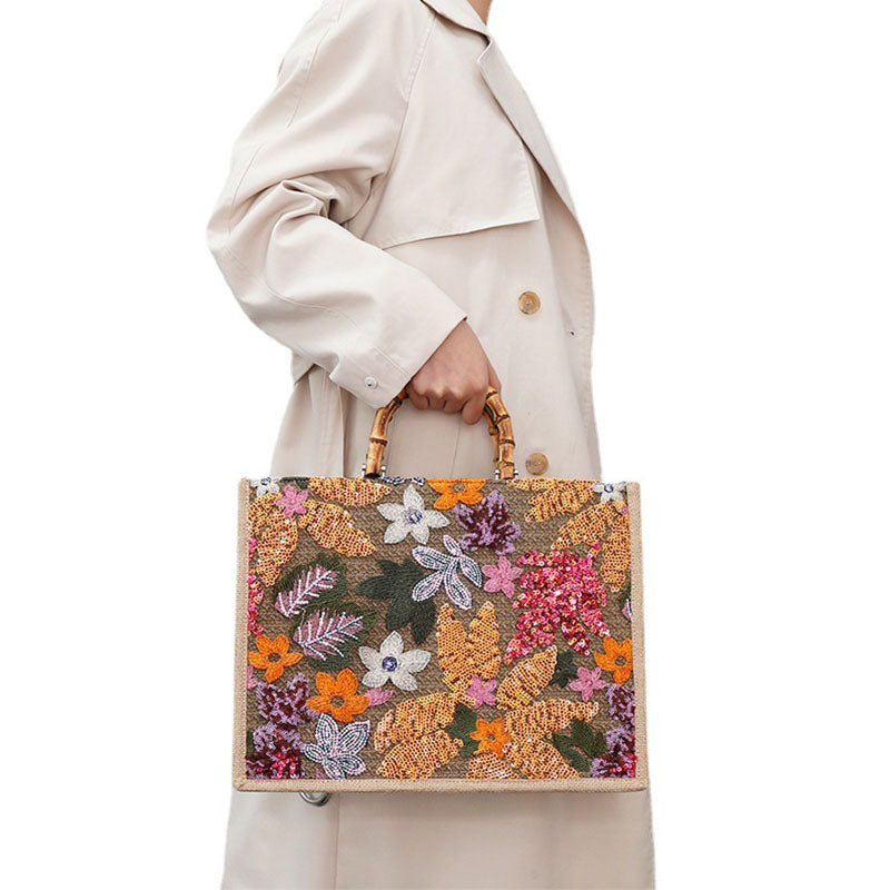 Handbag Bamboo Tote Sequin Straw Woven Bag for Womens-Orange