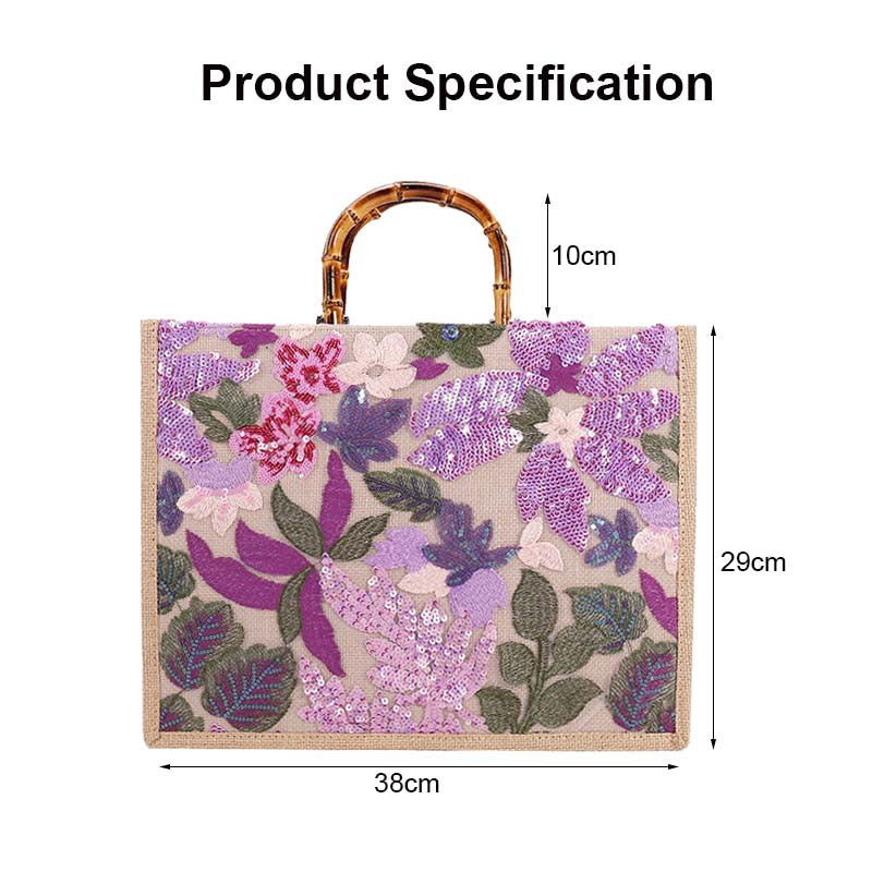 Handbag Bamboo Tote Sequin Straw Woven Bag for Womens-Purple