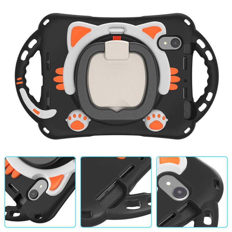 CatB Silicone Case For iPad Mini 6 Shockproof Shoulder Strap Handle Stand-Black Orange