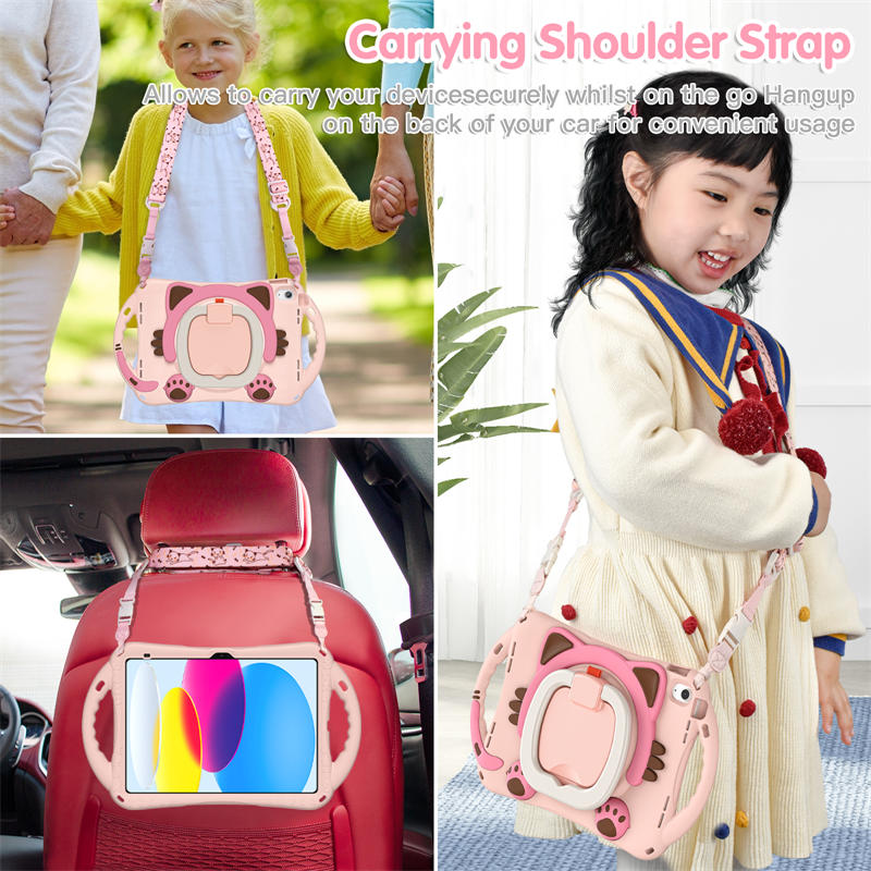 Cat Tablet Case For iPad 10th Kids Friendly with Handle Stand-Pink