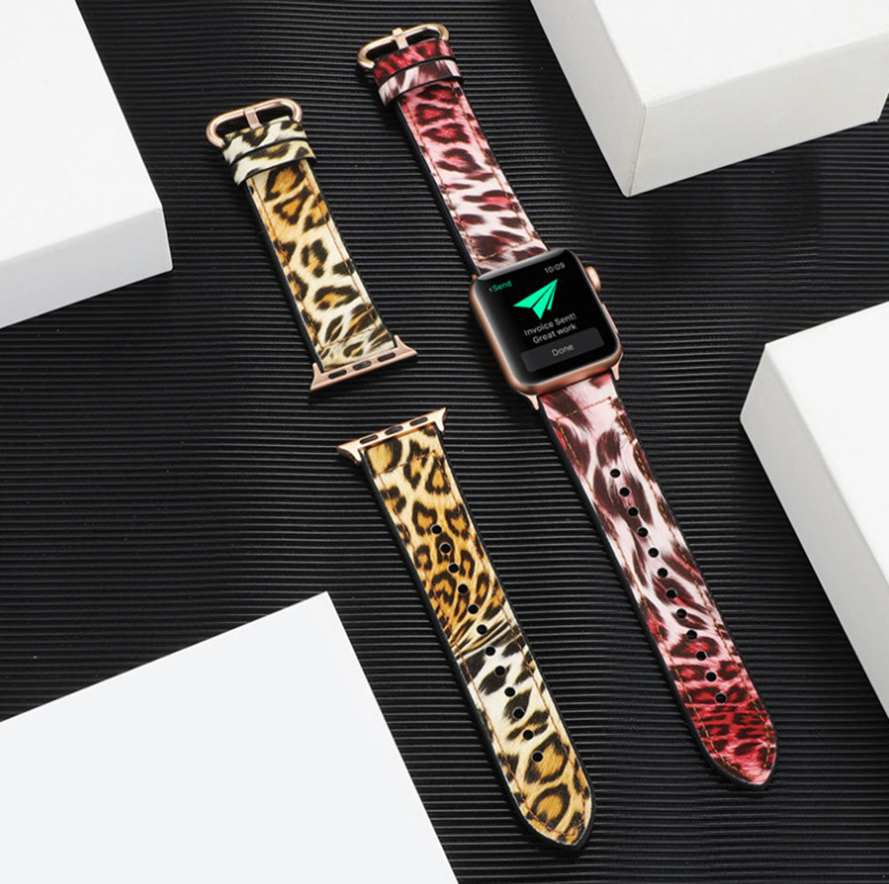 Fluorescent Leopard PU Leather Watch Band Microfiber Design For Apple Watch SE/6/5/4/3/2/1(Pink)