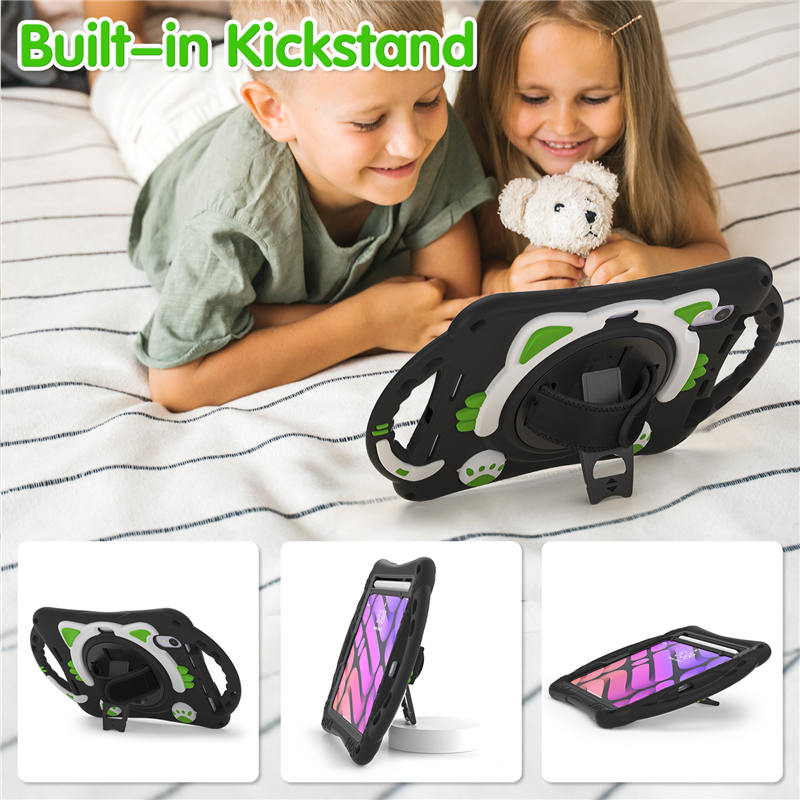 CatA iPad Silicone Case For iPad Mini 6 Built-in Handle Stand With a Strap-Black Green