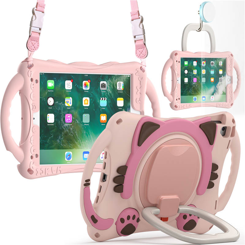 CatB Silicone Case For iPad Pro 9.7 inch Air1/2 Shockproof Shoulder Strap Handle Stand-Pink