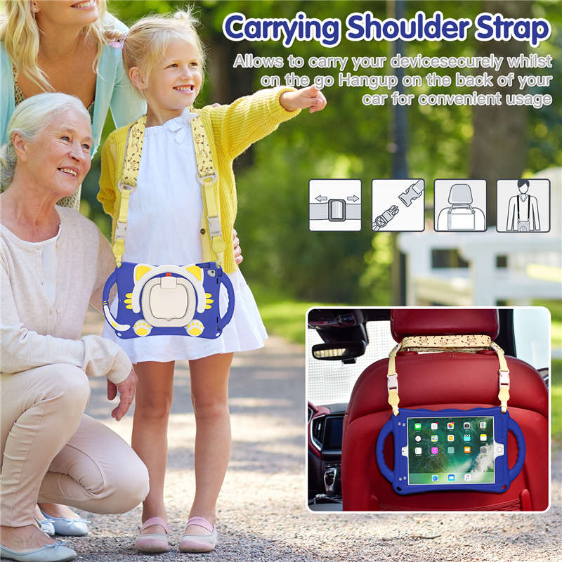 CatB Silicone Case For iPad Pro 9.7 inch Air1/2 Shockproof Shoulder Strap Handle Stand-Dark Blue