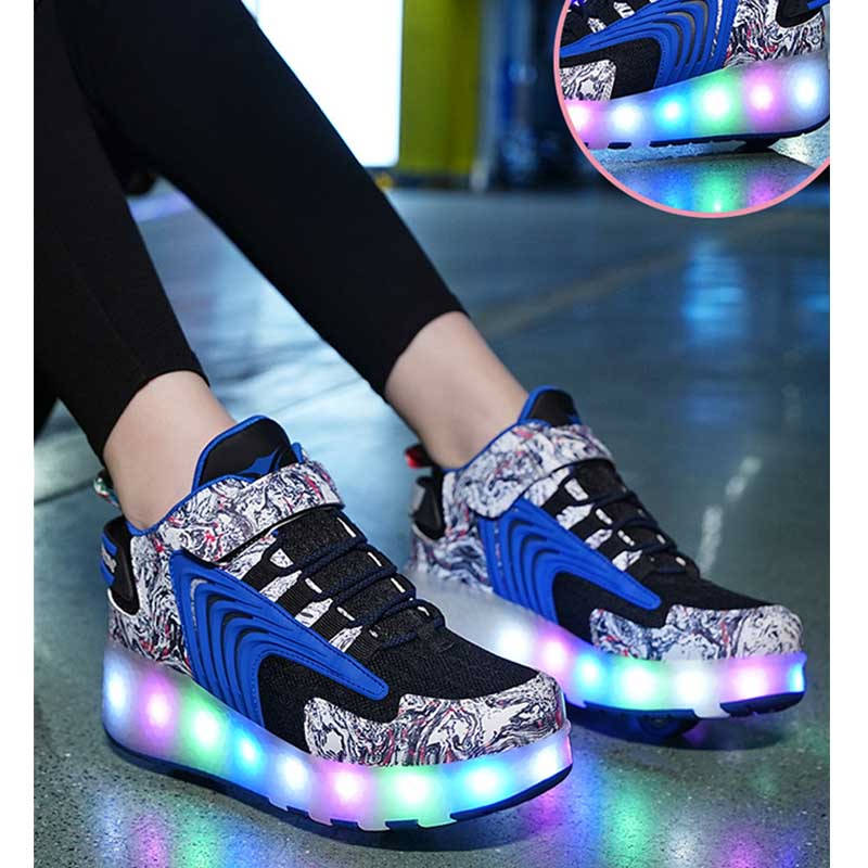 Kids LED Roller Skates Fashion Sneakers with Double Wheel-8088-Blue