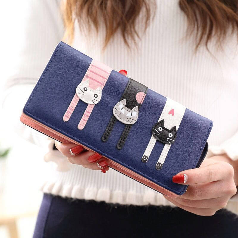 Womens Cute Cat Wallet Bifold Long Coin Purse with Zipper-DarkBlue