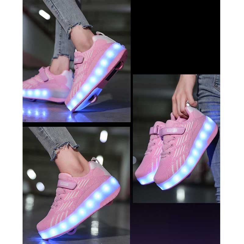 Kids LED Rechargeable Roller Skate Shoes with Double Wheel-Pink