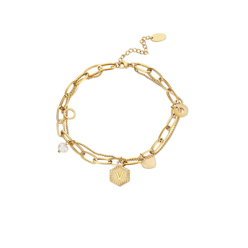 Gold Initial Bracelets for Women Letters Hexagon Pendant Chain-V