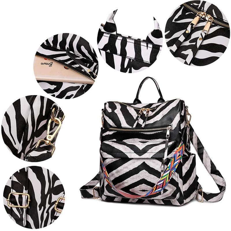 Fashion Backpack Multipurpose Print Leather Travel Shoulder Bag-Black Zebra