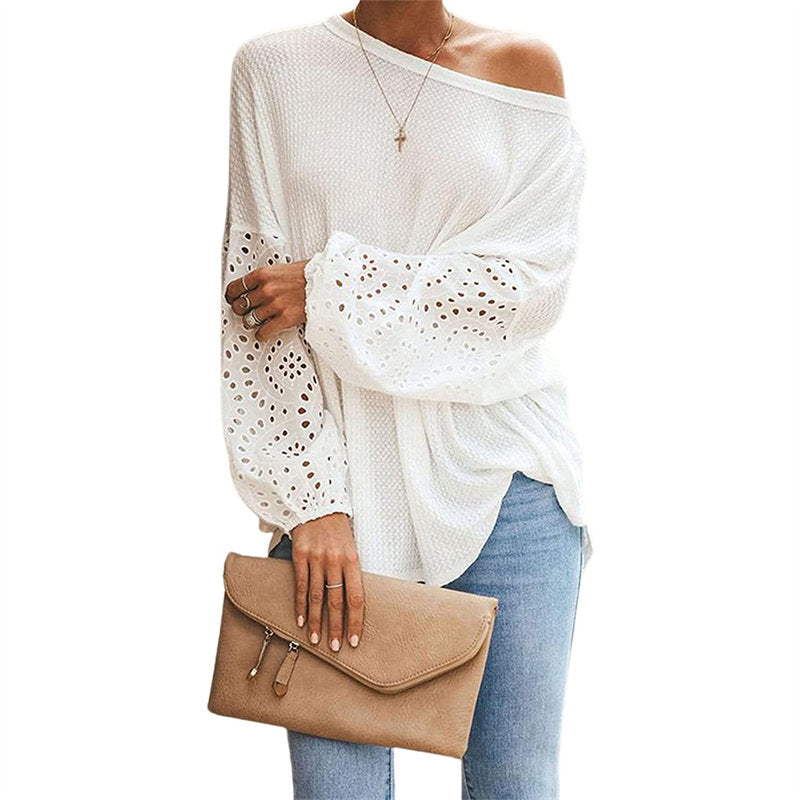 Womens Off Shoulder Tops Waffle Knit Lantern Long Sleeve Pullover-White
