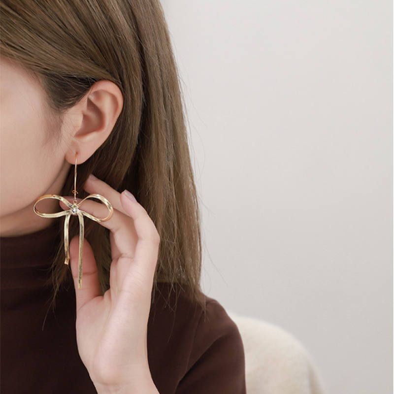 Womens Textured Bow Drop Earrings