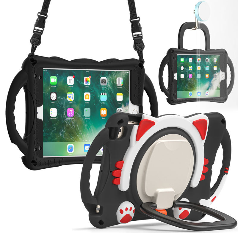 CatB Silicone Case For iPad Mini 5 4 3 2 1 Shockproof Shoulder Strap Handle Stand-Black Red