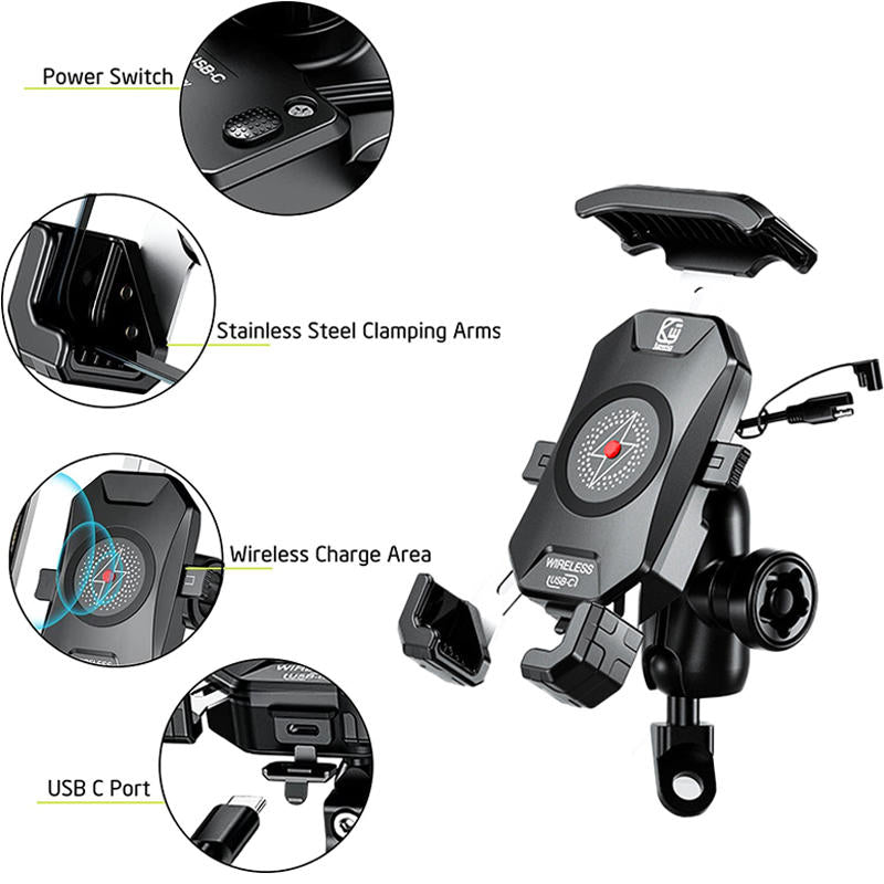 Anti-Theft Motorcycle Wireless Phone Mount Charger Works with 12V/24V Vehicle-Rearview Mirror