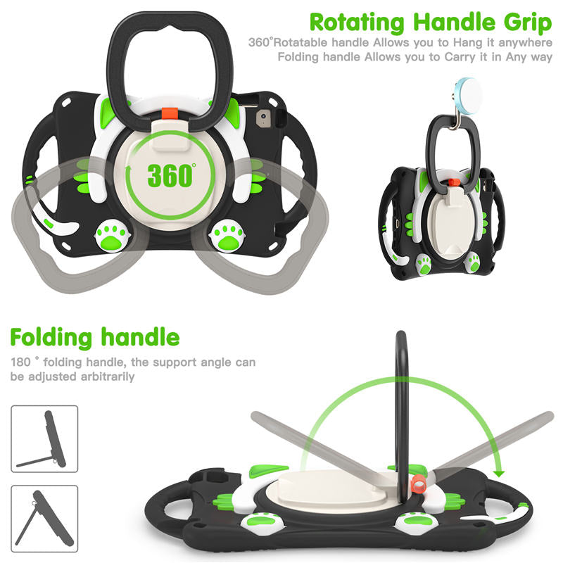 CatB Silicone Case For iPad Mini 5 4 3 2 1 Shockproof Shoulder Strap Handle Stand-Black Green