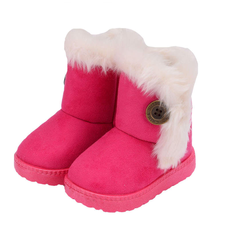 Girl's Boy's Cute Flat Shoes Button Winter Warm Snow Boots-RoseRed