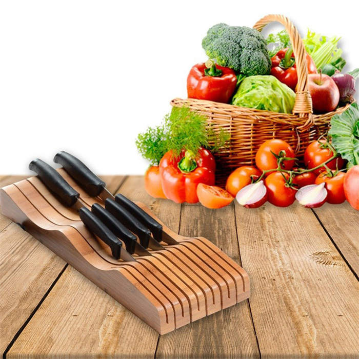 Bamboo Knife Block Organizer Wood Drawer Holder Insert Storage for Kitchen
