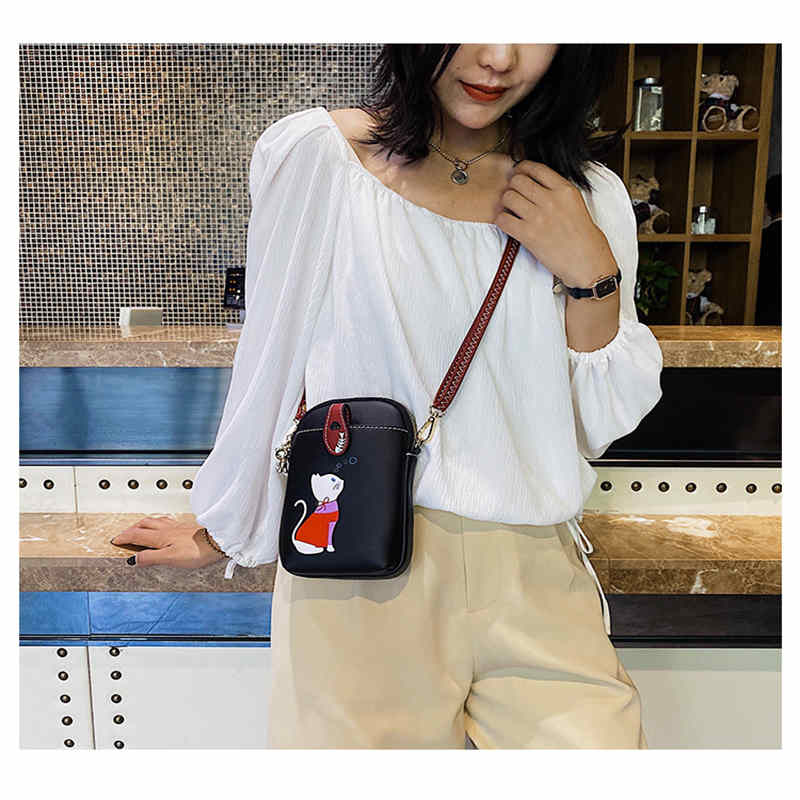 Women PU Crossbody Bag Cute Mobile Wallet-Black