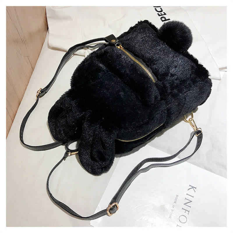 Women Cute Rabbit Ears Backpack Fluffy School Bag Satchel-Black