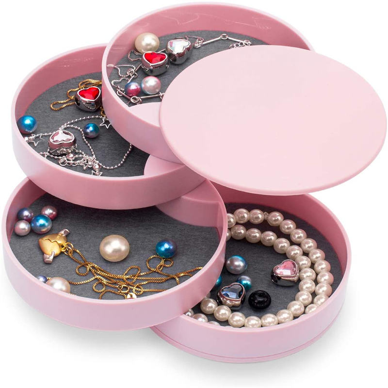 Jewelry Storage Box 4-Layer Rotatable Jewelry Accessory Organizer Tray with Lid for Rings Bracelets -Pink
