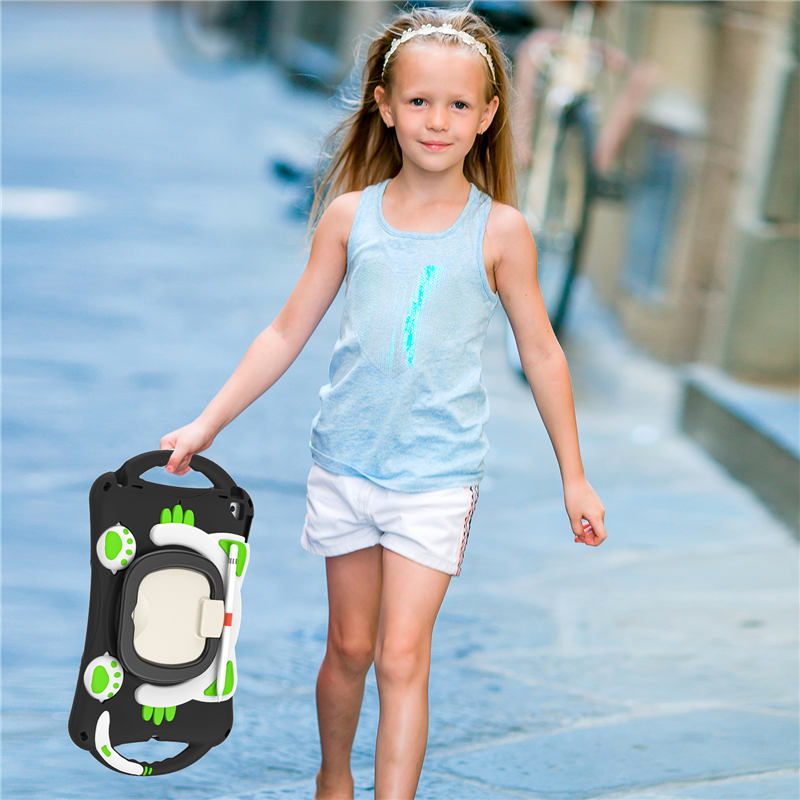CatB Silicone Case For iPad 10.2 Air10.5 Pro10.5 Shockproof Shoulder Strap Handle Stand-Black Green