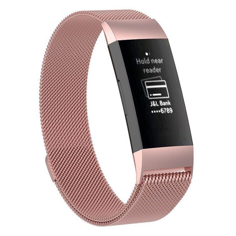 For Fitbit Charge 3 Wristband Milanese Replacement Stainless Steel Watch Band-Rose Pink