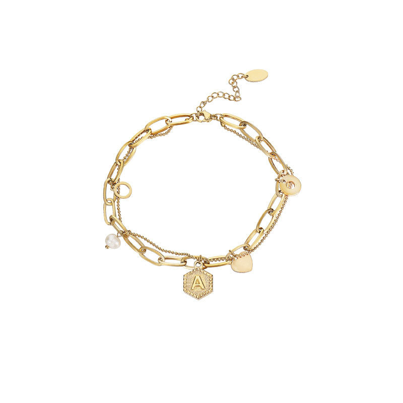 Gold Initial Bracelets for Women Letters Hexagon Pendant Chain-A