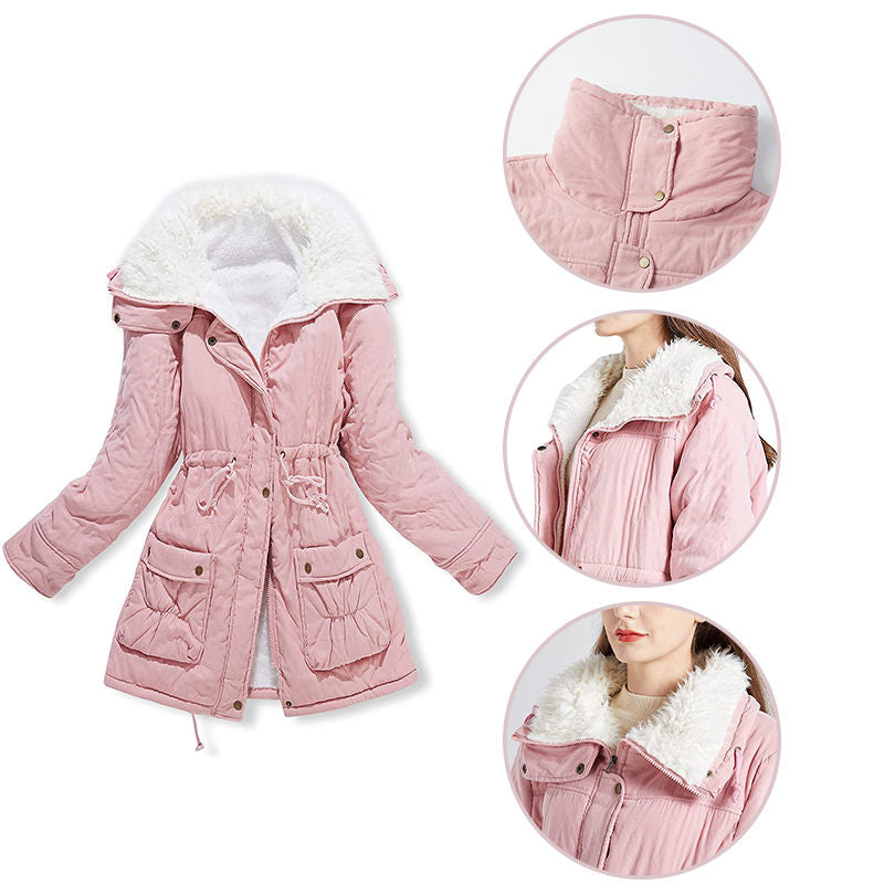Women's Mid Length Winter Coat Thickened Warm Lamb Wool Lined Jacket-Pink
